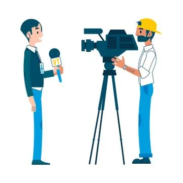 Vector man video reporter setting camera interview Illustrazione stock