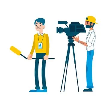 Vector man video reporter setting camera interview Illustrazione stock