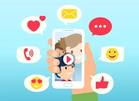 Vector of a man watching viral content on a smartphone with likes, shares and Stock Illustration