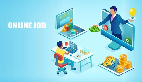 Vector of a man working on computer  being rewarded for online job Stock-Illustration