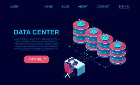 Vector of a man working on computer in a data center server room with big ser Stock Illustration