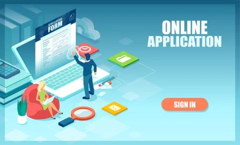 Vector of a man working on computers and filling out online applications. Stock Illustration