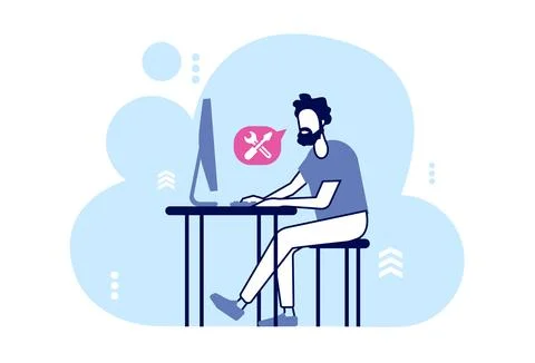 Vector of a man working on desktop computer providing technical support Stock Illustration