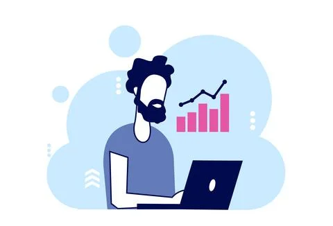 Vector of a man working on laptop analyzing  internet data Stock Illustration