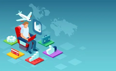 Vector of a man working on laptop online using inflight WiFi provided by airl Stock Illustration