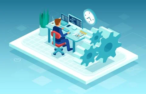Vector of a man working on pc at his desk, freelancing from home Illustrazione stock