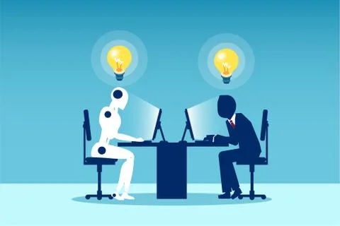 Vector of a man working with a robot sitting at table. Stock Illustration