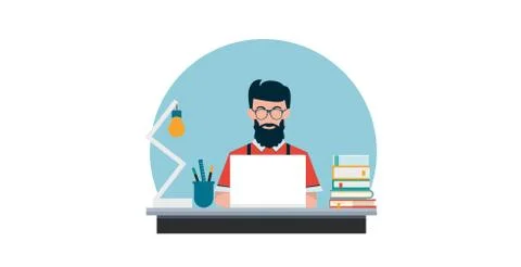 Vector of a man working studying on laptop computer from home Stock Illustration