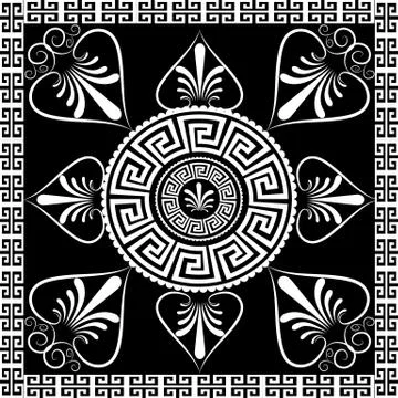 Vector mandala. Ancient greek key meander circle pattern. Floral black white  Stock Illustration