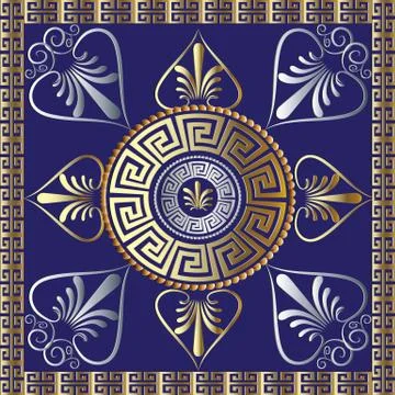 Vector mandala. Ancient greek key meander circle pattern. Blue floral backgro Illustrazione stock
