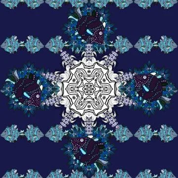 Vector Mandala. Boho style flower seamless pattern. Neutral, white and blue colo Illustrazione stock