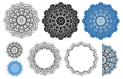 Vector mandala collection in black and blue colors. Zen mandala for your desi Stock Illustration