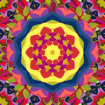 Vector Mandala. Colored round ornament pattern on a blue, yellow and violet colo Illustrazione stock