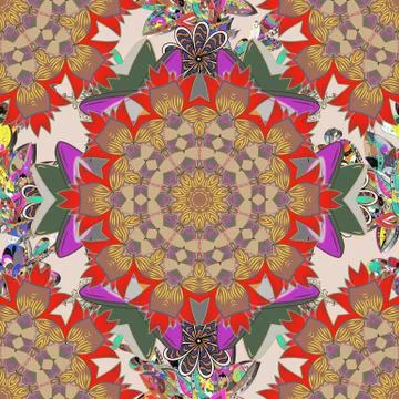 Vector Mandala. Colored round ornament pattern on a red, brown and green colors. Illustrazione stock