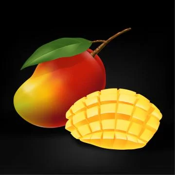 Vector Mango Realistic Illustration with leaf &amp; Sliced Mango in Black Background Stock Illustration