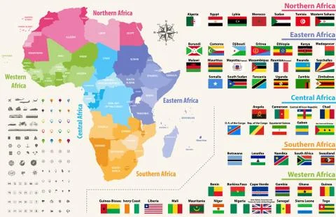 Vector map of Africa continent colored by regions.All flags of African countries Stock Illustration