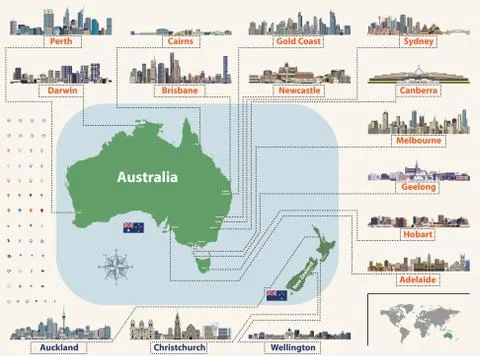 Vector map (and flag) of Australia and New Zealand with largest cities skylines. Stock Illustration