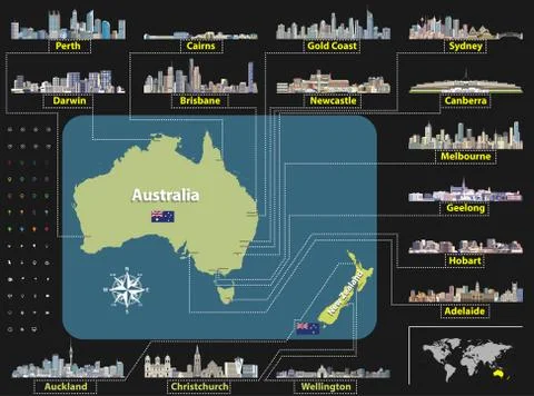 Vector map (and flag) of Australia and New Zealand with largest cities skylines. Stock Illustration