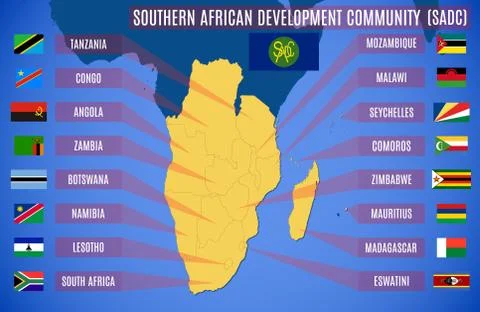 Vector map and flags of the Southern African Development Community (SADC) イラスト素材