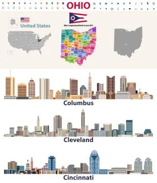 Vector map and major cities of Ohio state Illustrazione stock