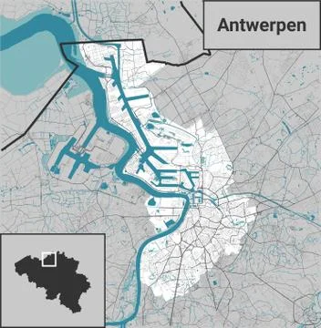 Vector map of Antwerpen (Antwerp), Belgium with river and Belgium map Stock Illustration
