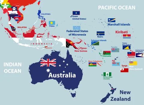 Vector map of Australia, Oceania and South East Asian countries mixed with their Illustrazione stock