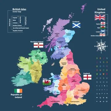 Vector map of British Isles administrative divisions colored by countries and re Stock Illustration