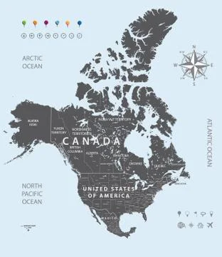 Vector map of Canada, United States and Mexico with states borders and capital c Stock Illustration