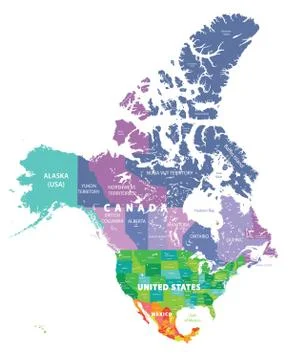 Vector map of Canada, United States and Mexico with states borders and capital c Stock Illustration