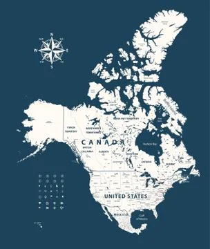 Vector map of Canada, United States and Mexico with states borders and capital c Stock Illustration