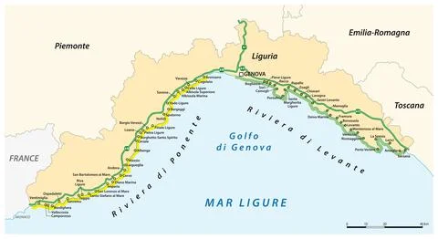 Vector map of cities on the Italian Riviera, Ligurian Riviera Stock Illustration