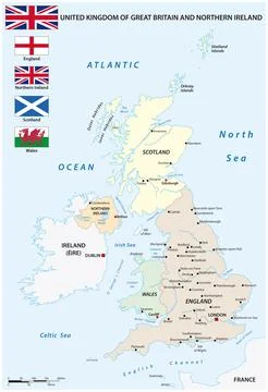 Vector map of the countries of the United Kingdom with flags Stock Illustration