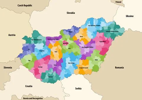 Vector map of districts of Hungary colored by counties Stock Illustration