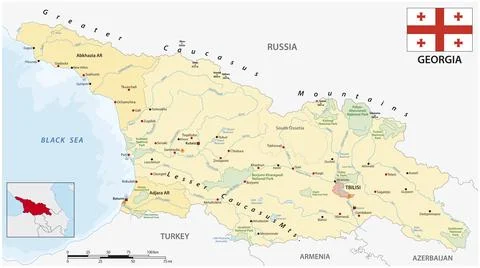 Vector map of eastern european state georgia with flag Stock Illustration