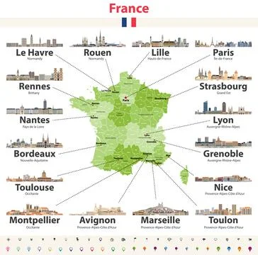 Vector map of France with main cities. French cities skylines illustrations Stock Illustration