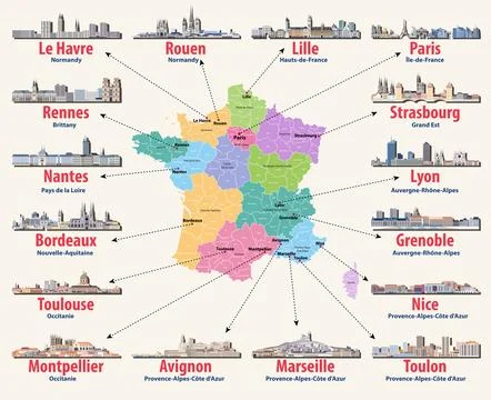 Vector map of France with main cities. French cities skylines illustrations s Stock Illustration