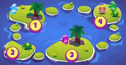Vector map of game levels with a horizontal image with islands with palm trees Stock Illustration