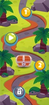 Vector map of game levels with a vertical image of a landscape with palm trees Illustrazione stock