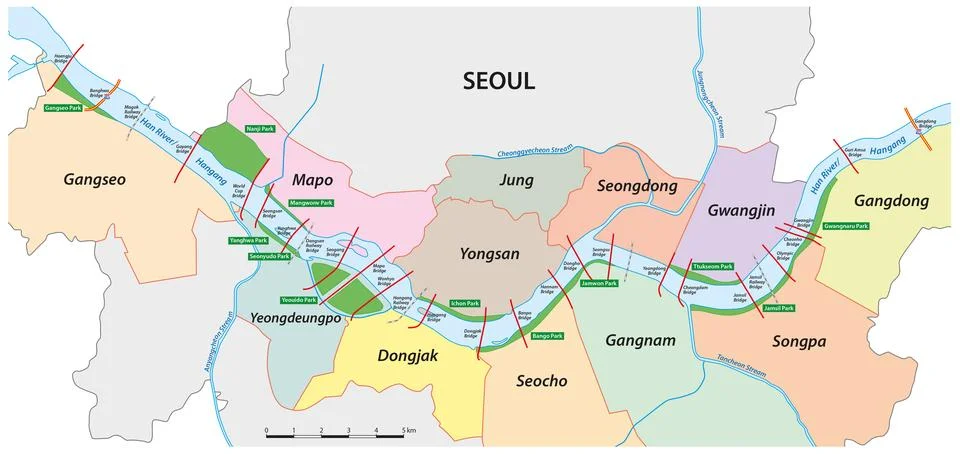 Vector map of Hangang Park on the Hang river in Seoul, South Korea Ilustração Stock