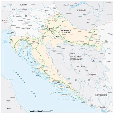 Vector map of highways and main cities of Croatia Stock Illustration