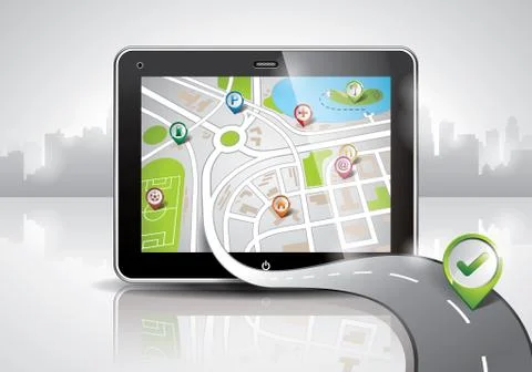 Vector map illustration with shiny pda device and a good way. EPS 10. Stock Illustration