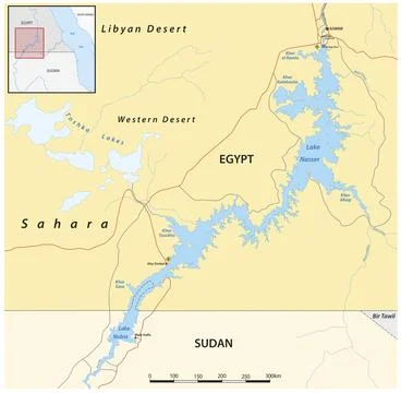 Vector map of Lake Nasser reservoir, Egypt, Sudan, Africa Stock Illustration