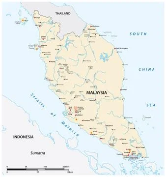 Vector map of the Malay Peninsula with main cities, Malaysia Stock Illustration