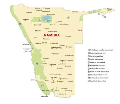Vector map of the national parks of Namibia Ilustración de archivo