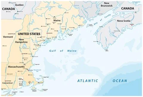 Vector map of the North American marginal sea, Gulf of Maine, Canada, USA Illustrazione stock