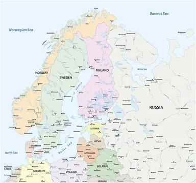 Vector map of Northern Europe with the most important cities and bodies of water Stock Illustration
