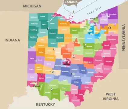 Vector map of Ohio congressional districts with nearest territories Stock Illustration