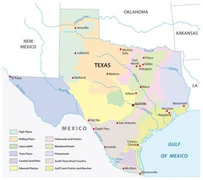Vector map of the physical regions of Texas Stock Illustration