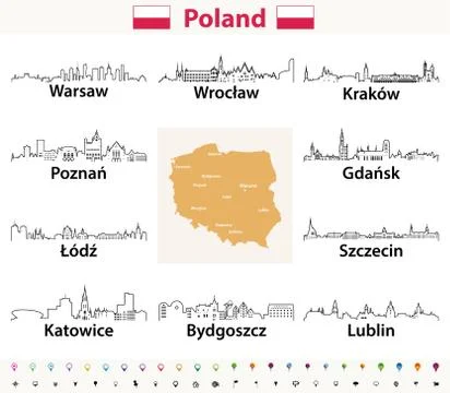 Vector map of Poland with largest city skylines Stock Illustration