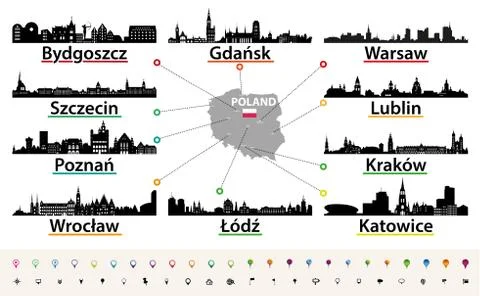 Vector map of Poland with largest city skylines Illustrazione stock